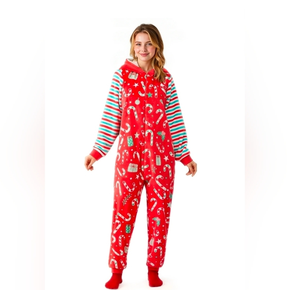Giggling Getup,Joyfy Christmas Pajamas Hoody Jumpsuit, Size Small - Picture 3 of 11